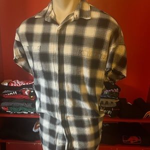 Original Denim 1975 Button Down Plaid Shirt Fringed Sleeves X Size : Medium